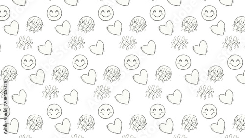 Emoji doodle pattern vector with repeating smiley faces, hearts, and abstract scribbles in playful decorative grid design
