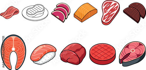 Photos Fresh Meat and Raw Fish Steak Icon Set with Salmon Sushi Beef Fillet and Burger