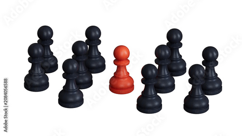 Foto 3D illustration of two groups of  pawns and a mediator in the middle
