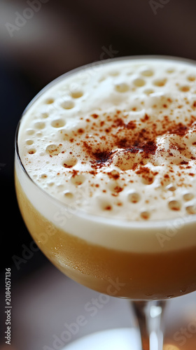 Cocktail glass filled with a creamy foamy drink features a dusting of dark spice on the surface to create an elegant aesthetic presentation.