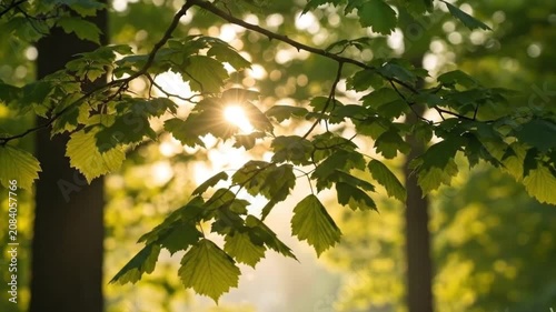 Sunlight filtering through fresh green tree leaves in a peaceful forest, highlighting vibrant foliage, natural textures, and the serene beauty of a spring woodland