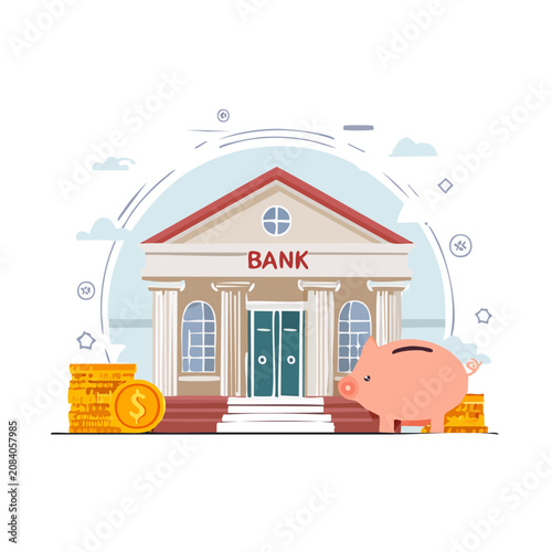 Flat vector illustration of a bank building with piggy bank and coins