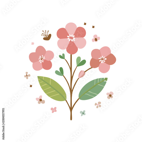 Flat illustration of pink flower bouquet with butterflies