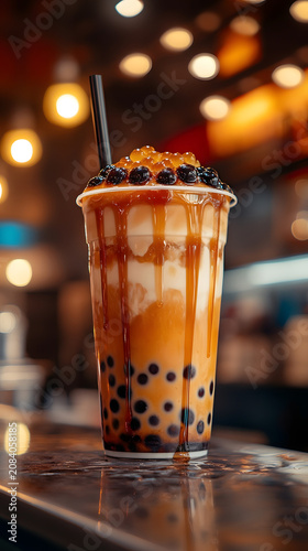 Bubble tea filled with tapioca pearls and caramel syrup sits on a reflective bar counter with blurred golden lights in the background of a modern cafe.