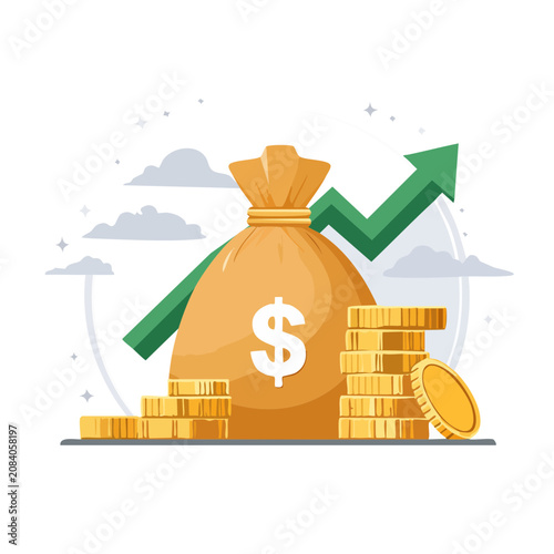 Money bag with coins and upward arrow illustration