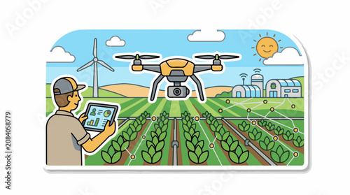 Farmer using drone and tablet to manage modern farm with crops and technology