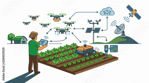 Farmer using tablet controls drones robots and sensors for modern farm