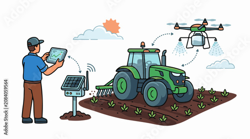 Farmer using tablet drone spraying crops tractor plowing a field