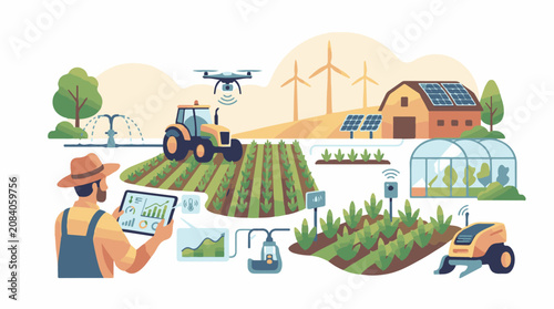Farmer using tablet on smart farm with drone tractor and greenhouse