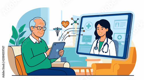 Elderly man consults doctor via tablet healthcare connection