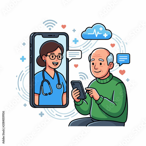 Elderly man video calls doctor on smartphone receiving online healthcare