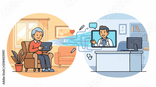Elderly person uses tablet for remote doctor consultation in home office setting