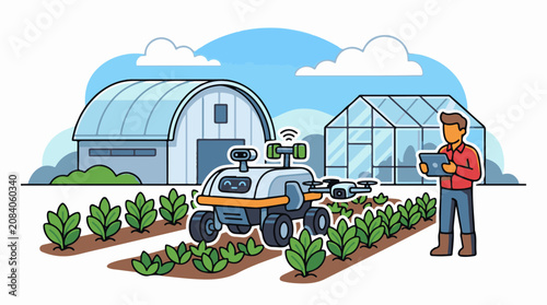 Farmer using tablet with drone and robot in agricultural fields