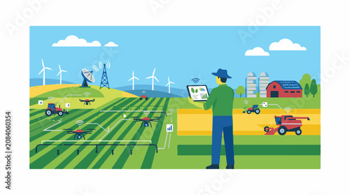 Farmer using tablet to control drones tractors and combine on modern farm