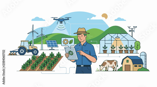 Farmer using tablet with drone greenhouse tractor cow solar
