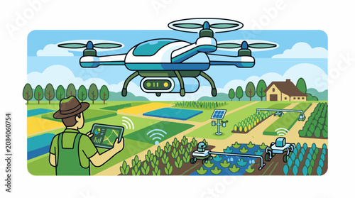 Farmer using tablet with drone robots and solar power on farmland