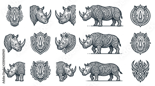 Fotografie Collection of Rhinoceros Illustrations in Various Poses and Styles
