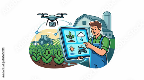 Farmer using tablet with drone tractor and farm icons