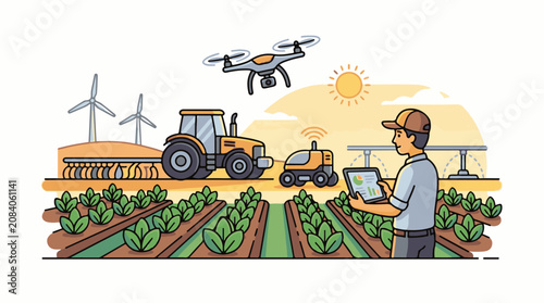 Farmer uses technology drone tractor robot and tablet in field