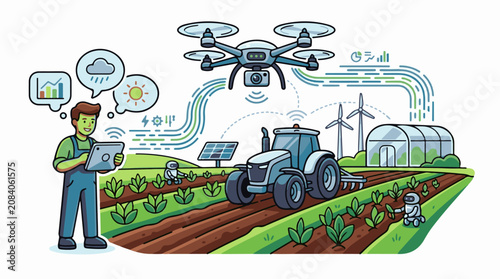 Farmer uses technology for modern agriculture drone tractor robots and greenhouse
