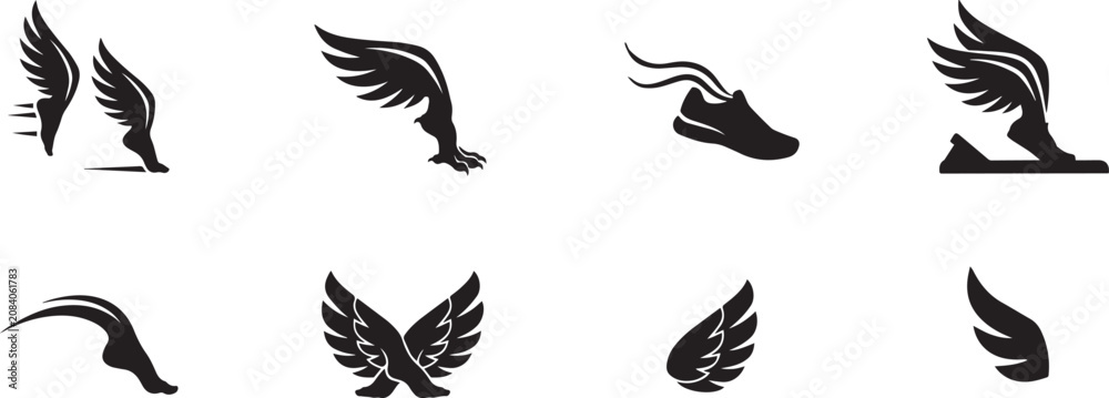 Fototapeta premium Athletics logo design elements with winged feet vector set. silhouette vector illustration