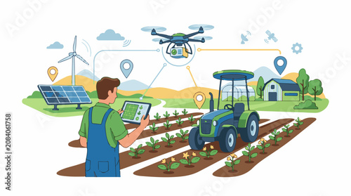 Farmer uses technology for modern agriculture with drone tractor solar