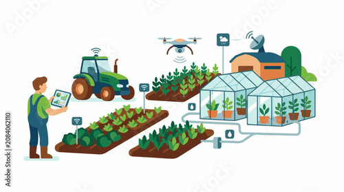 Farmer uses technology for modern agriculture with tractor drone and greenhouses