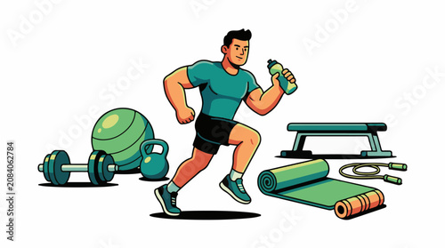 Energetic man running with water bottle surrounded by gym equipment