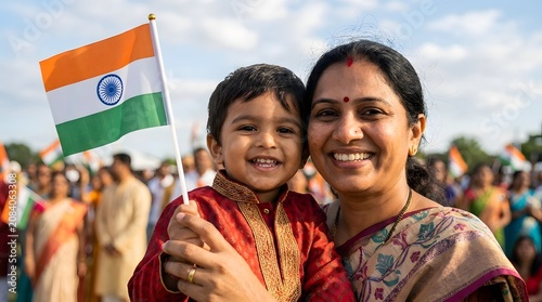 Indian mother and son celebrating independence day with national flag