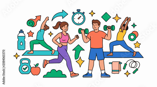 Energetic people doing exercises and yoga with sports equipment