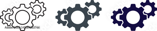 Gear icon set with outline, flat, and filled vector styles isolated on white background. Three interconnected cogs representing teamwork, process, settings, and mechanism.