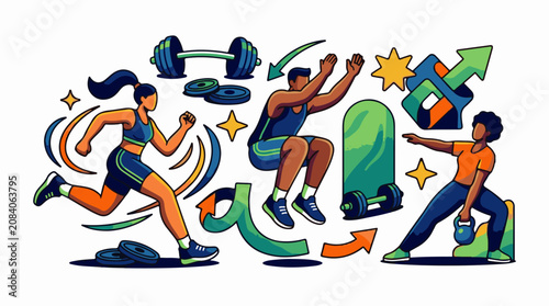 Energetic people engage in diverse fitness activities with abstract shapes