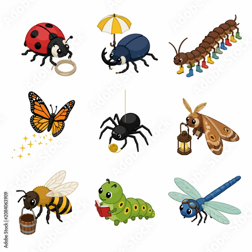 Set of nine cute cartoon insects: ladybug with hoop, beetle with umbrella, centipede in boots, butterfly, spider with yarn, moth with lantern, honeybee, caterpillar reading, and dragonfly.
