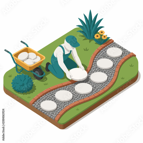 Isometric illustration of a professional gardener in teal overalls installing round white stepping stones on a gravel walkway with brick borders and a yellow wheelbarrow.