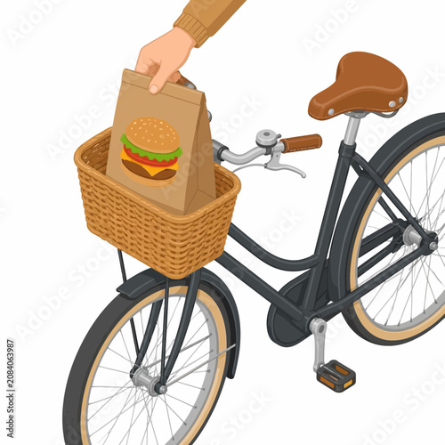 Isometric vector illustration of a person's hand placing a brown paper takeout bag with a burger icon into the wicker front basket of a classic city bicycle on a white background.