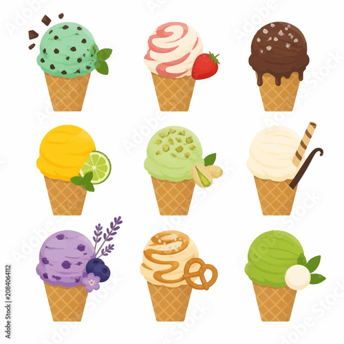 Vector illustration of nine ice cream cones with flavors like mint chocolate chip, strawberry, dark chocolate, lime, pistachio, vanilla, blueberry, salted caramel, and matcha tea.