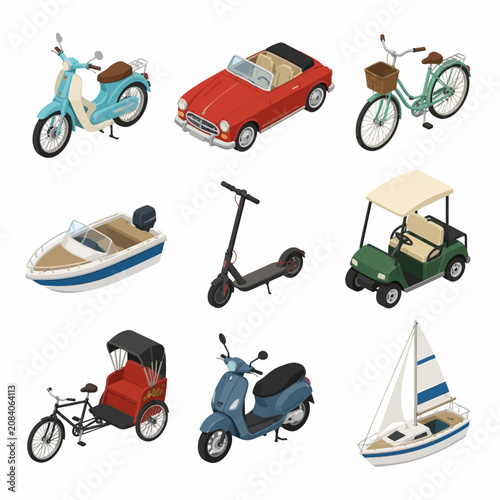 Isometric vector set of various transportation modes including vintage moped, red convertible car, bicycle, motorboat, electric scooter, golf cart, cycle rickshaw, and small sailboat.