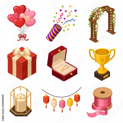 Collection of isometric vector icons including heart balloons, party popper, floral wedding arch, gift box, diamond ring, gold trophy, candle lantern, festive lanterns, and pink ribbon spool.