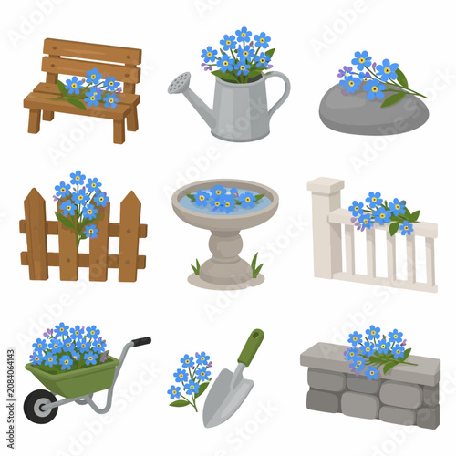 Vector collection of nine garden illustrations with blue forget-me-not flowers on a wooden bench, watering can, stone, picket fence, birdbath, railing, wheelbarrow, trowel, and stone wall.