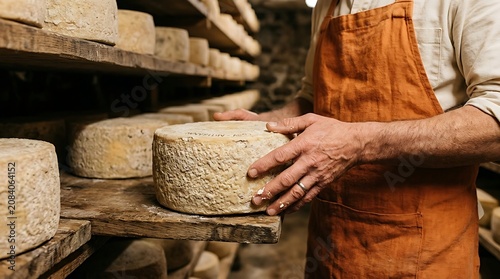 Artisan cheesemaker inspecting a wheel of aged cheese in a cellar