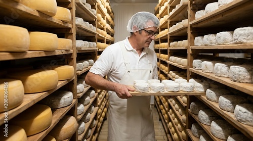 Cheesemaker inspecting ripening cheese wheels in a storage cellar