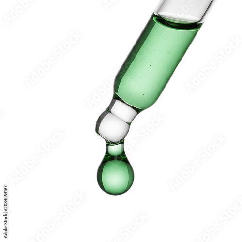 A hyper-detailed macro shot of a clear scientific pipette dropper with viscous opalescent jade-green serum, a perfect spherical droplet suspended at the tip. Concept of luxurious clinical purity