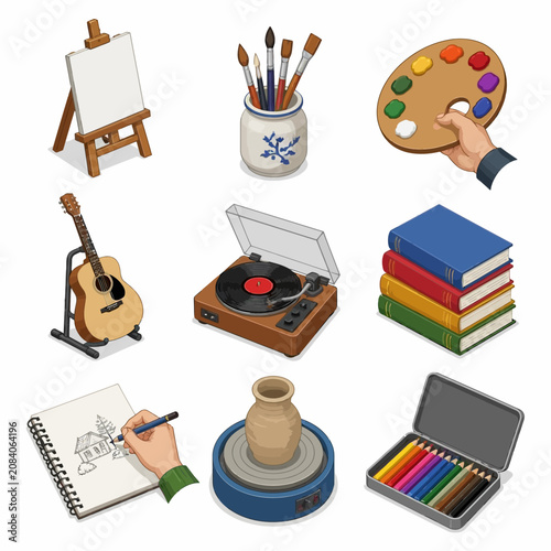 Isometric vector set of creative arts hobby icons featuring painting easel, brushes, color palette, acoustic guitar, vinyl turntable, book stack, sketchbook, pottery wheel, and colored pencils.