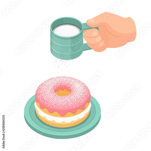 Isometric illustration of a hand sifting powdered sugar from a teal sifter onto a pink glazed donut with cream filling on a matching plate, isolated on a white background.