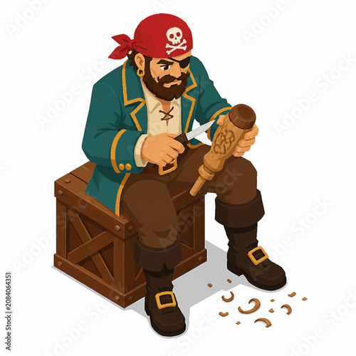 Isometric vector illustration of a bearded pirate in a red skull bandana and teal coat sitting on a wooden crate, whittling an ornate wooden object with a carving knife on a white background.
