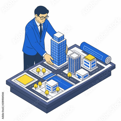Isometric illustration of an architect in a blue suit placing a 3D skyscraper model onto a city planning board with miniature buildings, blueprints, and urban landscape design.