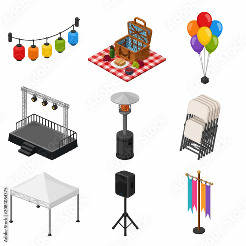 Isometric vector icon set of outdoor event and party equipment featuring a picnic basket, stage with lights, canopy tent, folding chairs, balloons, lanterns, speaker, and flags.