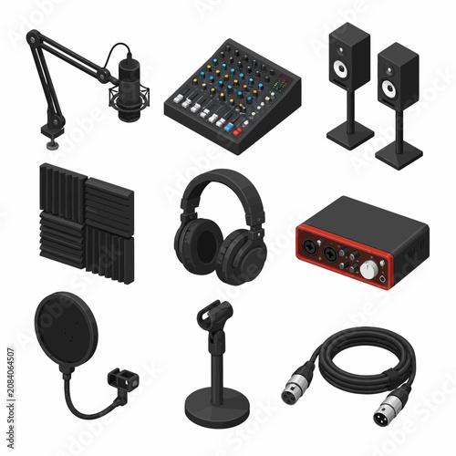 Professional isometric audio studio equipment set featuring condenser microphone, boom arm, mixing console, studio monitors, headphones, audio interface, and acoustic foam panels.