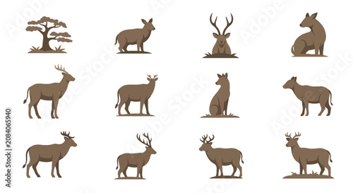 Photos Minimalist deer and stag icons set, brown wildlife animal silhouettes for huntin