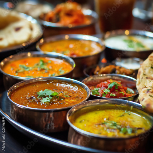 Thali traditional Indian dish, Nan roti and curries, best Indian foods in Indian restaurant